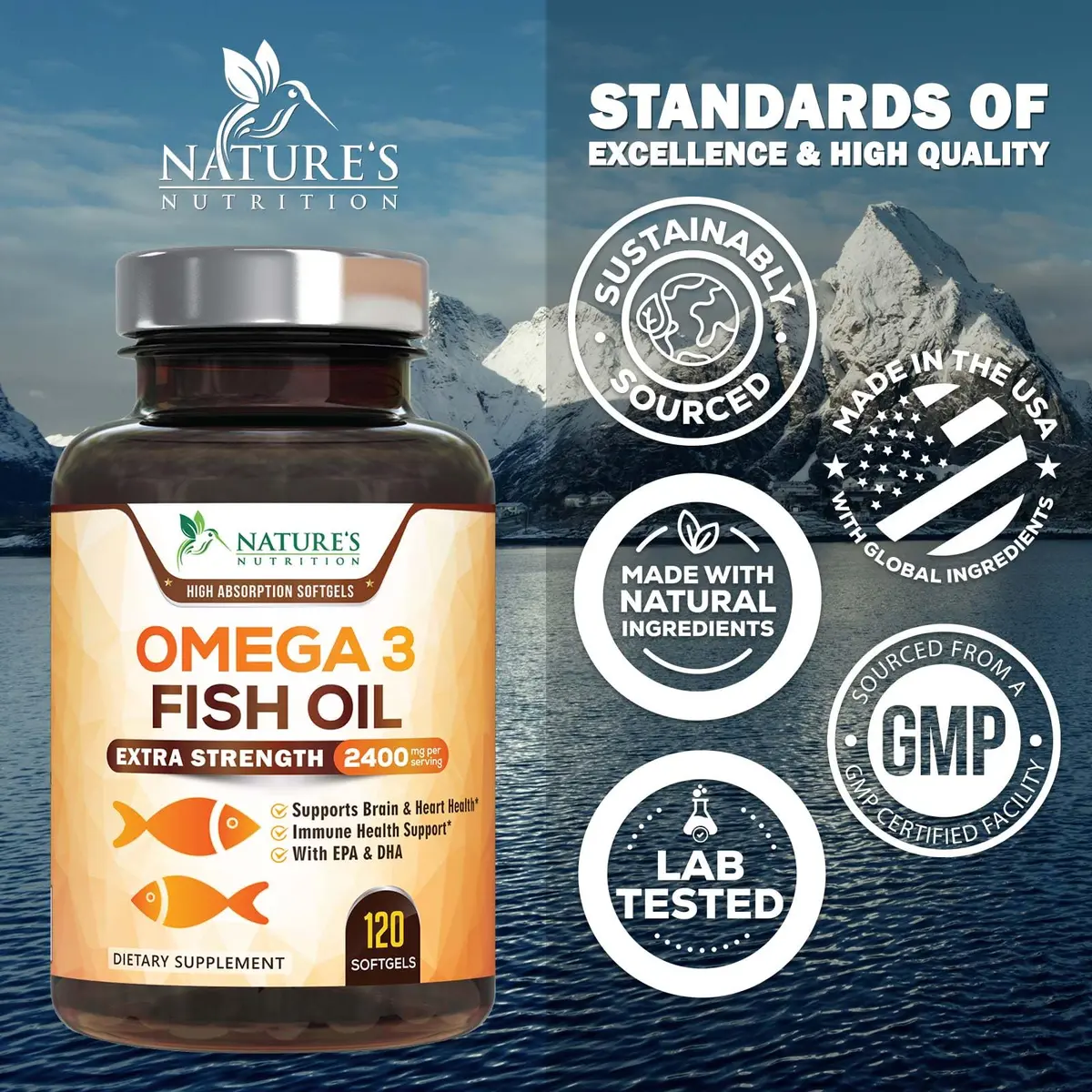 Nature's Nutrition Omega 3 Fish Oil 2400mg | Triple Strength Daily Supplement with EPA & DHA (120 Softgels) - view 4