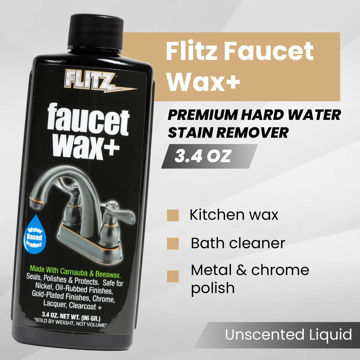 FLITZ Faucet Wax Plus - 3.4oz USA-Made Water-Based Metal & Granite Polish for Water Stains & Fingerprints - view 2