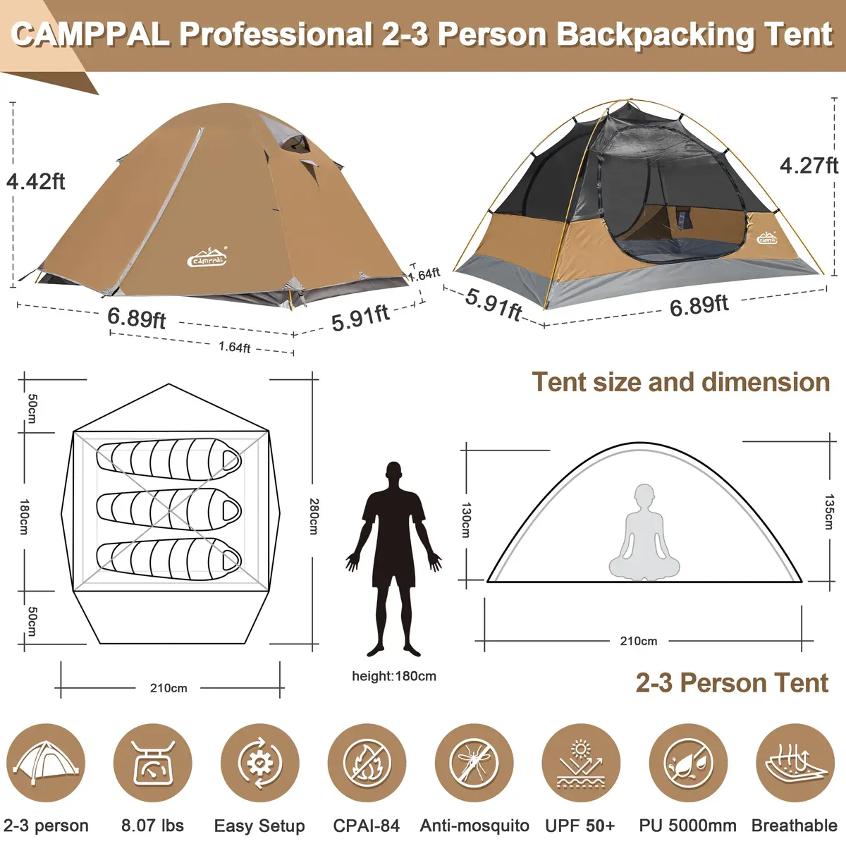Camppal 2-3 Person Backpacking Tent Waterproof Windproof 4 Season | Easy Setup for Camping & Hiking - view 6
