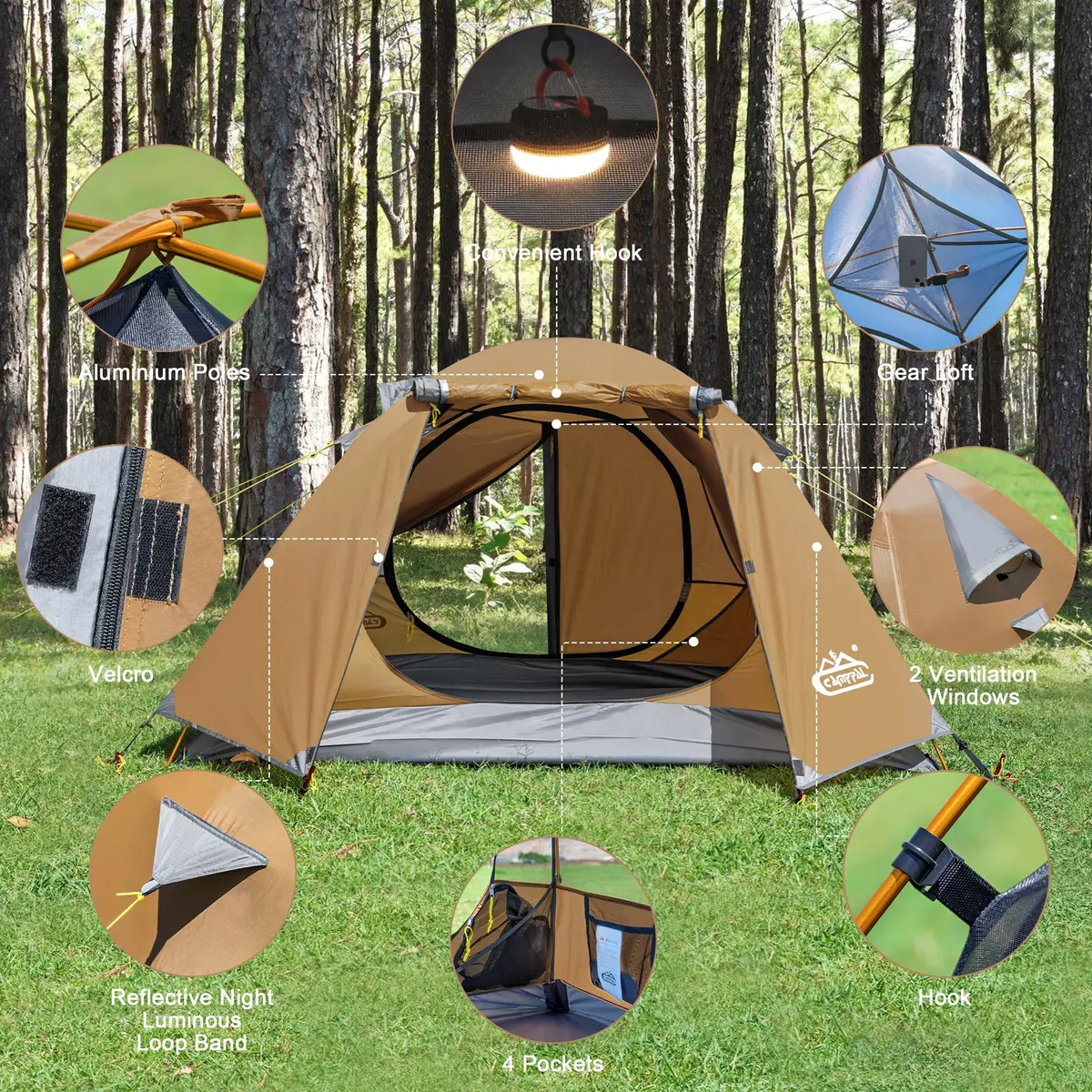 Camppal 2-3 Person Backpacking Tent Waterproof Windproof 4 Season | Easy Setup for Camping & Hiking - view 7