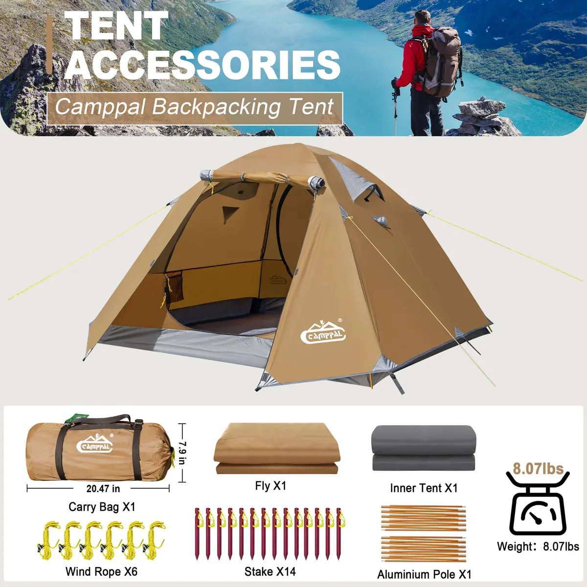 Camppal 2-3 Person Backpacking Tent Waterproof Windproof 4 Season | Easy Setup for Camping & Hiking - view 8