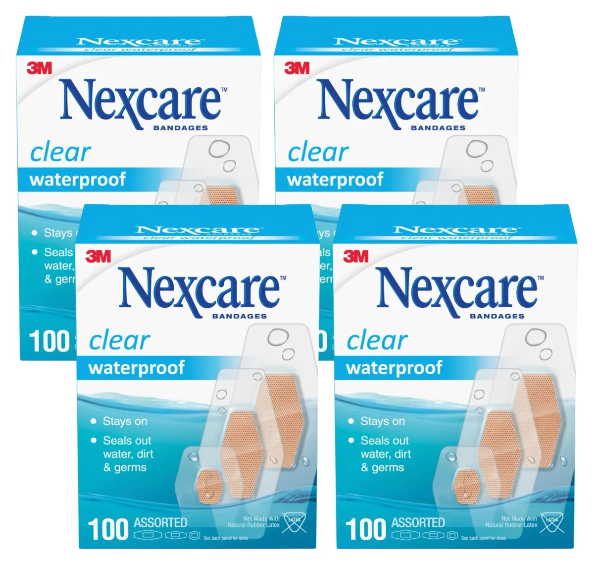 Nexcare Waterproof Clear Bandages Assorted Sizes 100 Count (400 Pieces Total) | 360 Degree Seal for Water, Dirt, Germ Protection - main product image