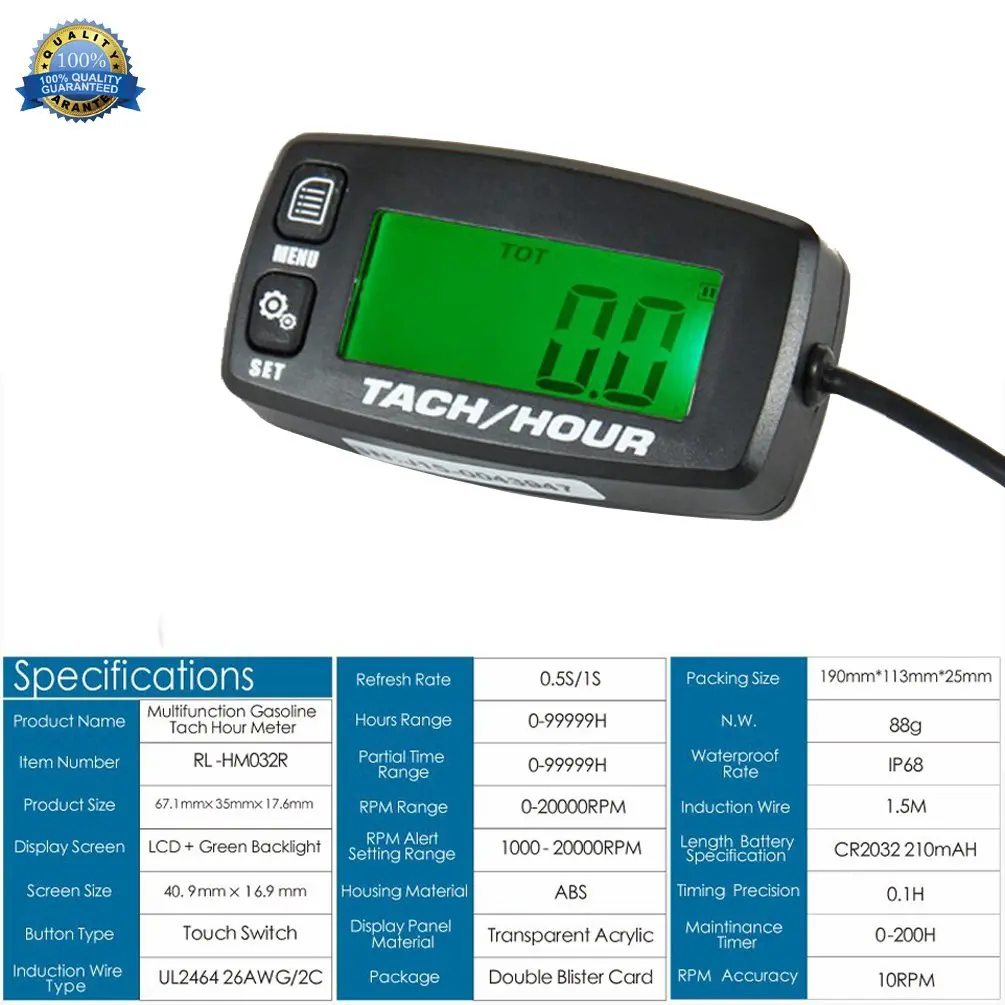 Foundown Engine Hour Meter Inductive Tachometer Backlit Digital 0-99999.9H | Resettable RPM & Maintenance Timer - view 3