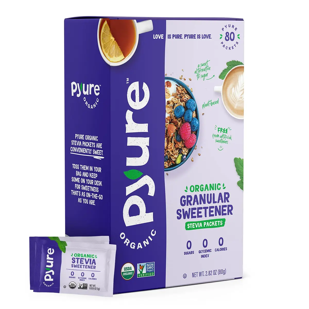 Pyure Organic Stevia Packets Zero Calorie Sweetener 80 Count | USDA Organic & Non-GMO Verified - main product image