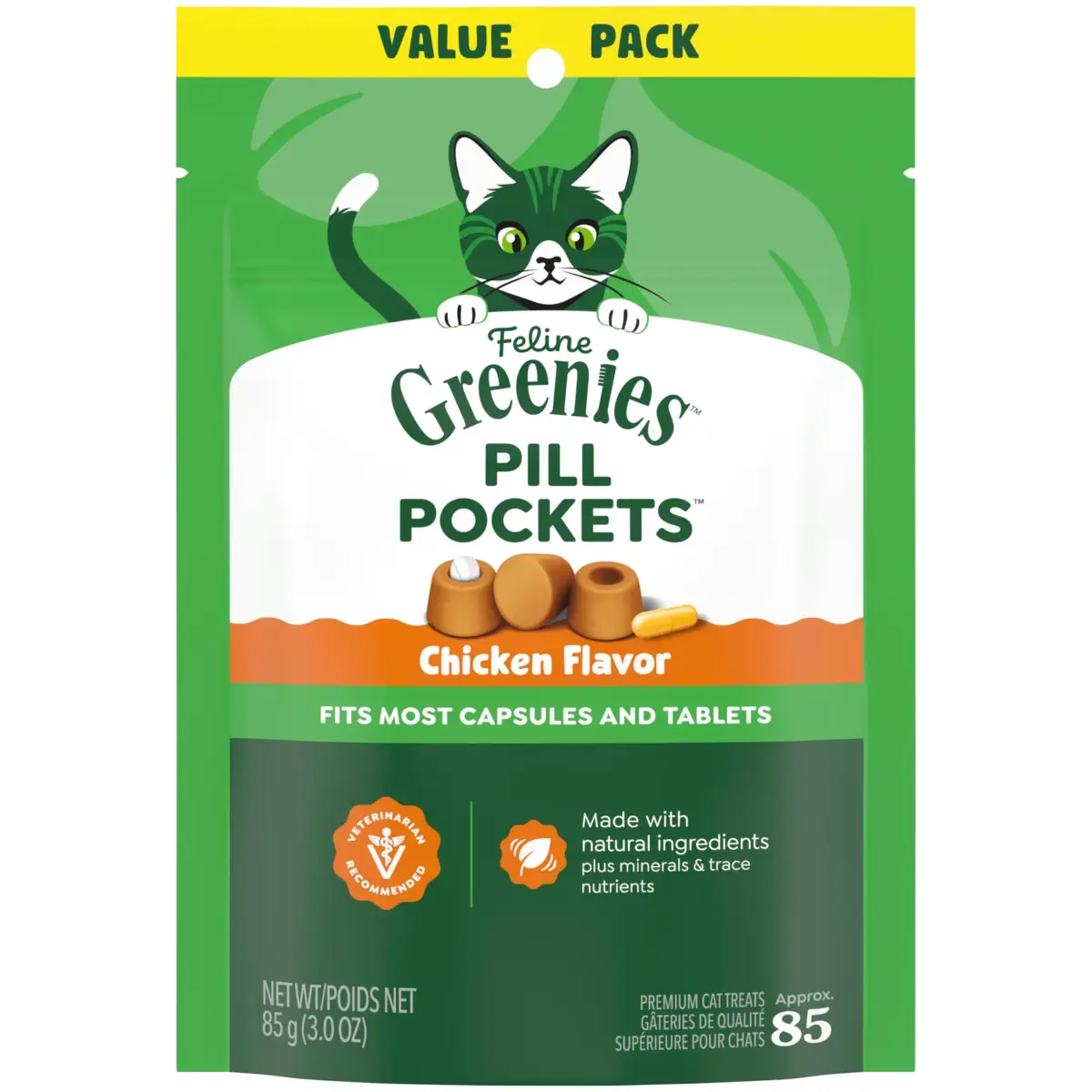 Greenies Feline Pill Pockets Soft Cat Treats, Chicken Flavor, 3 Ounce Pack - main product image