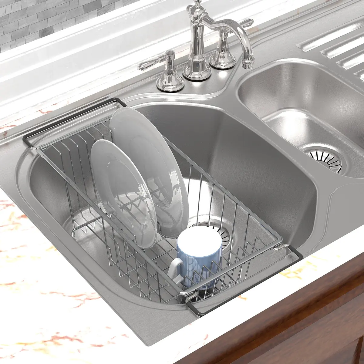 Simple Houseware Stainless Over Sink Dish Drainer Drying Rack | Holds 8 Plates, Chrome, Medium - view 2