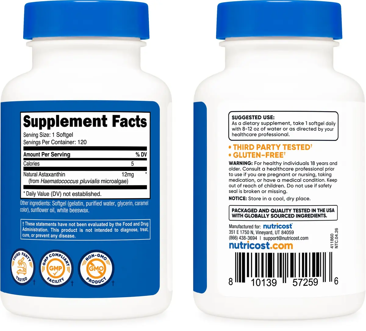 Nutricost Astaxanthin 12mg | 120 Softgels, Unflavored, Gluten-Free, GMO-Free - view 4