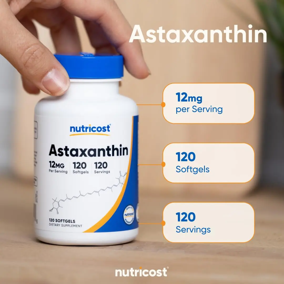 Nutricost Astaxanthin 12mg | 120 Softgels, Unflavored, Gluten-Free, GMO-Free - view 6