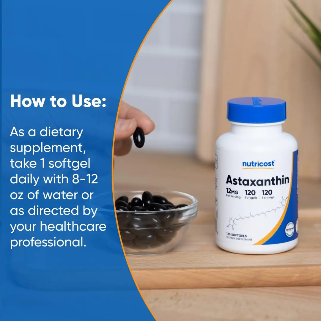 Nutricost Astaxanthin 12mg | 120 Softgels, Unflavored, Gluten-Free, GMO-Free - view 7