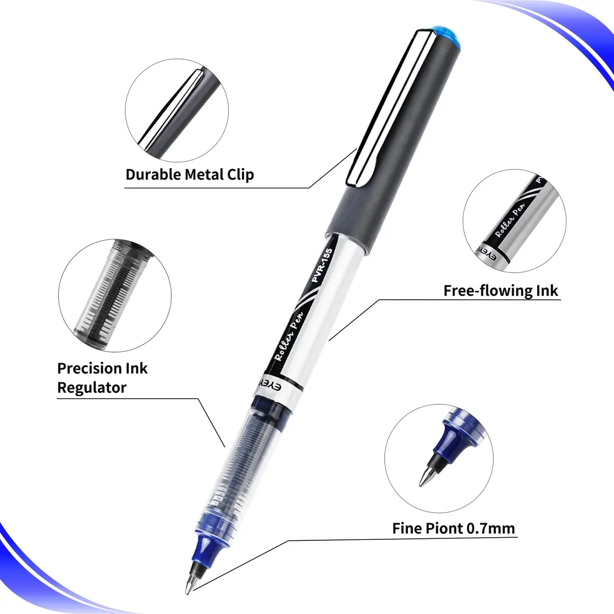 EYEYE 0.7mm Blue Rollerball Pens 12 Pack | Quick Dry Liquid Ink for Precise Writing - view 4