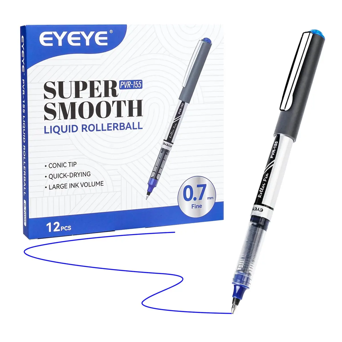 EYEYE 0.7mm Blue Rollerball Pens 12 Pack | Quick Dry Liquid Ink for Precise Writing - main product image