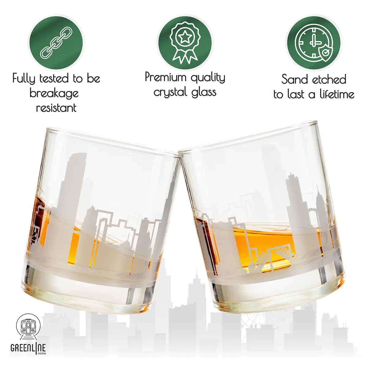 Greenline Goods Skyline Etched Chicago Whiskey Glasses Gift (Set of 2) | Old Fashioned Tumbler for Chicago Lovers - view 3