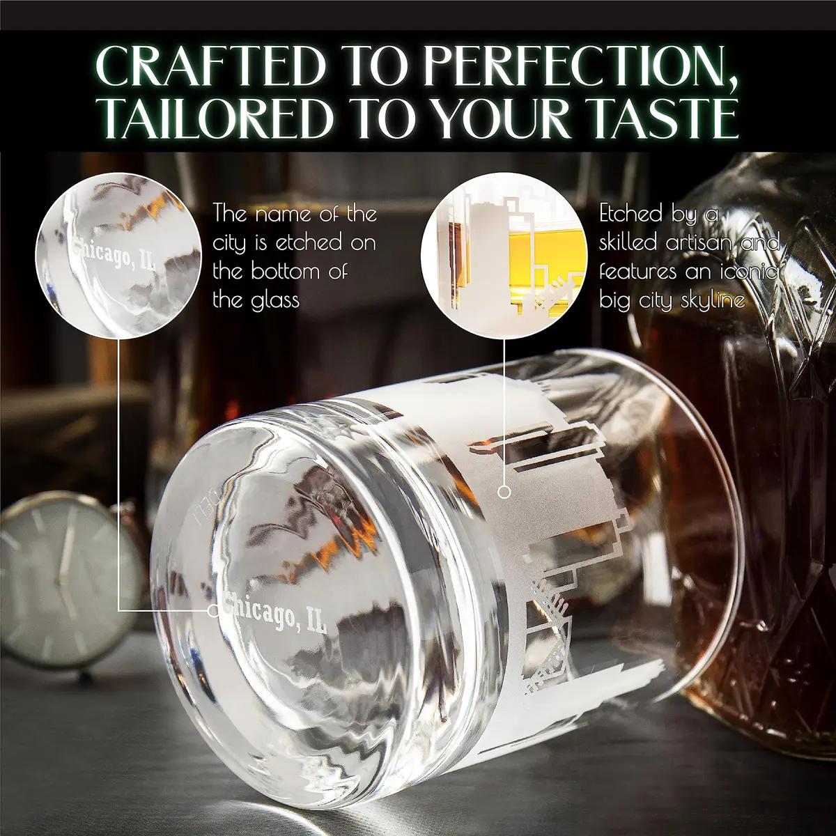 Greenline Goods Skyline Etched Chicago Whiskey Glasses Gift (Set of 2) | Old Fashioned Tumbler for Chicago Lovers - view 4