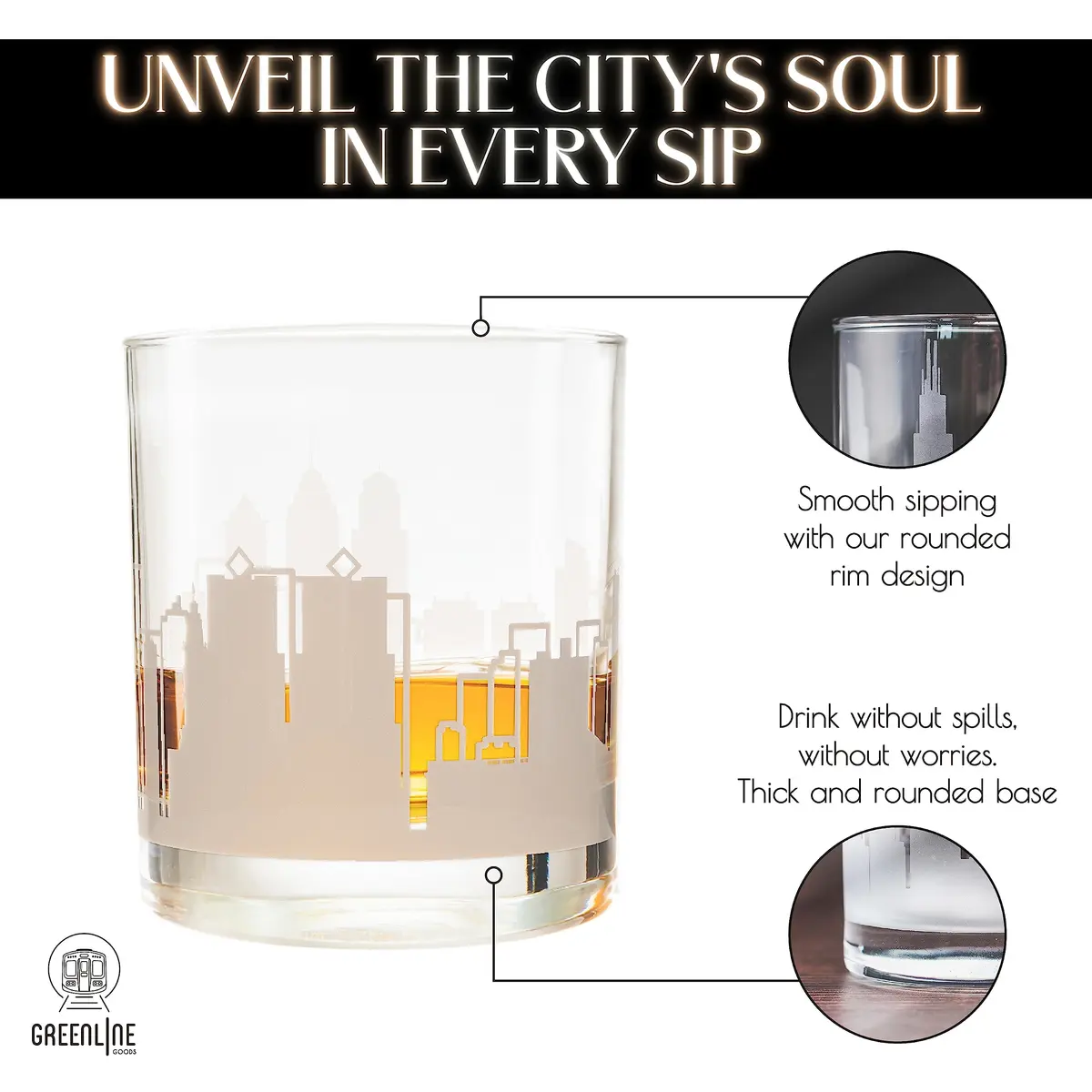 Greenline Goods Skyline Etched Philadelphia Whiskey Glasses Set of 2 | Old Fashioned Tumblers for Philadelphia Lovers - view 5