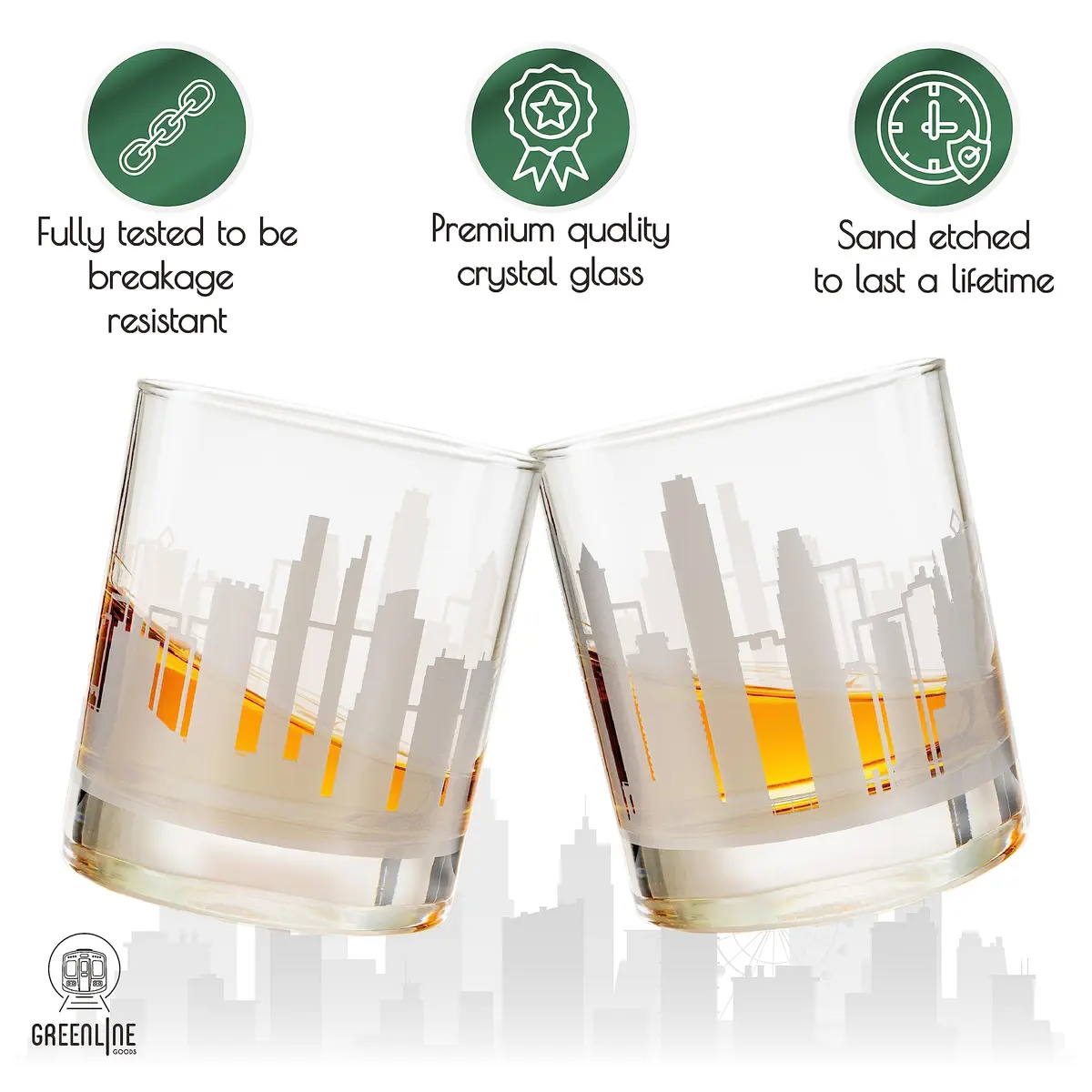 Greenline Goods Skyline Etched Philadelphia Whiskey Glasses Set of 2 | Old Fashioned Tumblers for Philadelphia Lovers - view 3