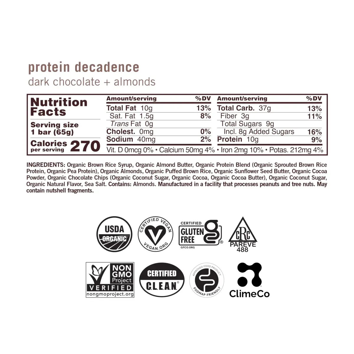 GoMacro Organic Dark Chocolate Almond Macrobar 2.3oz (65g) | 10g Protein Snack Bar - main product image