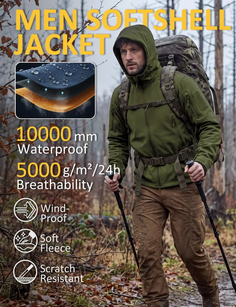 TACVASEN Men's Fleece Softshell Jacket Waterproof Winter Tactical Hooded | Outdoor & Casual - view 3