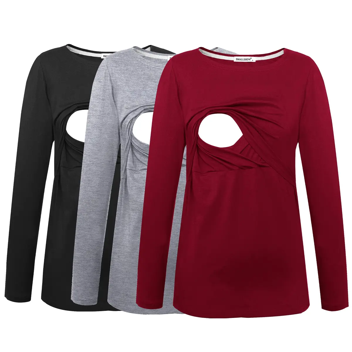 Smallshow Womens 3 Pcs Long Sleeve Maternity Nursing Top, Wine-Black-Grey, Large | Comfortable Stretch Modal Fabric - main product image