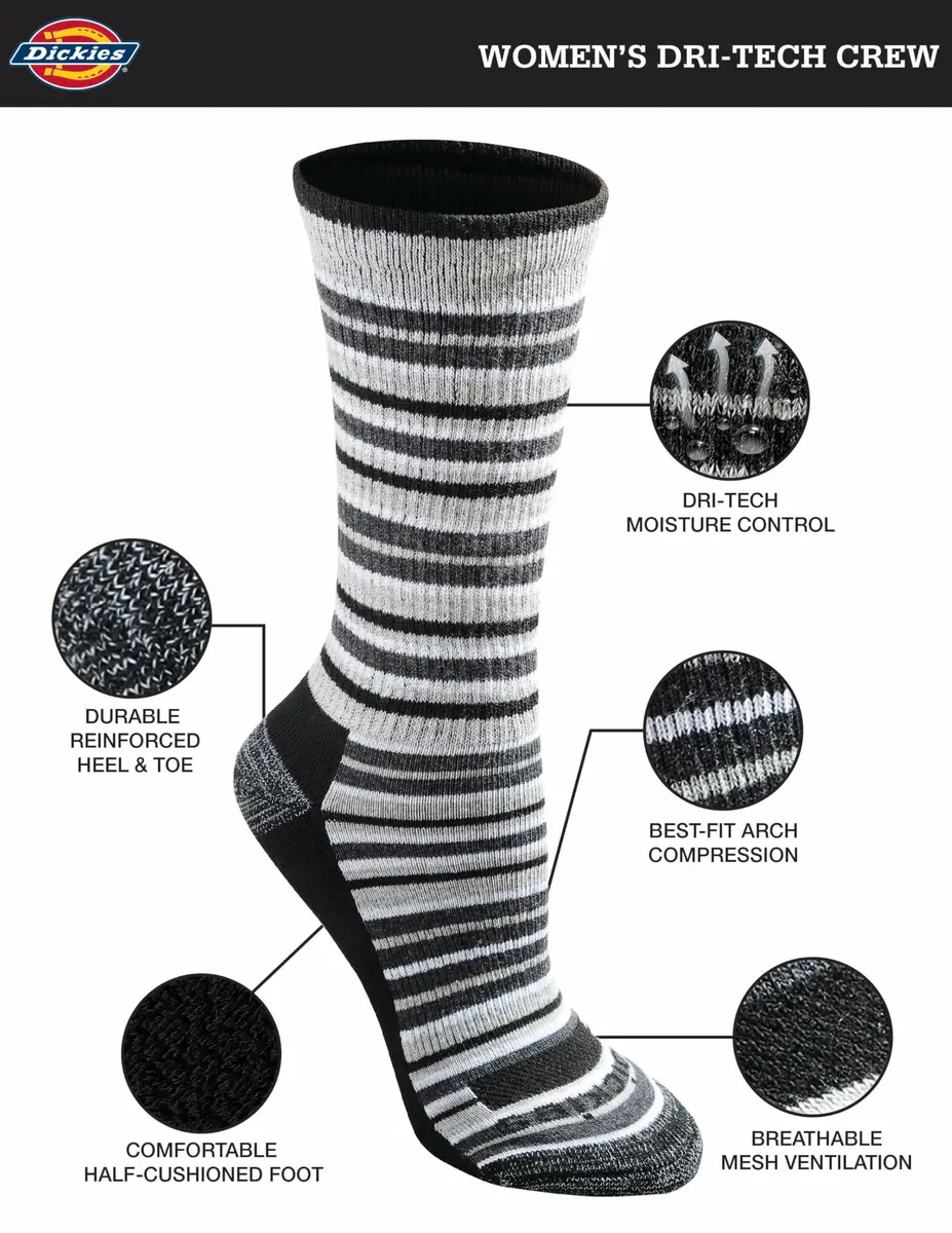 Dickies Dri-Tech Moisture Control Crew Socks | Moisture-Wicking, Reinforced Toe, Stripe (6 Pairs) - view 4