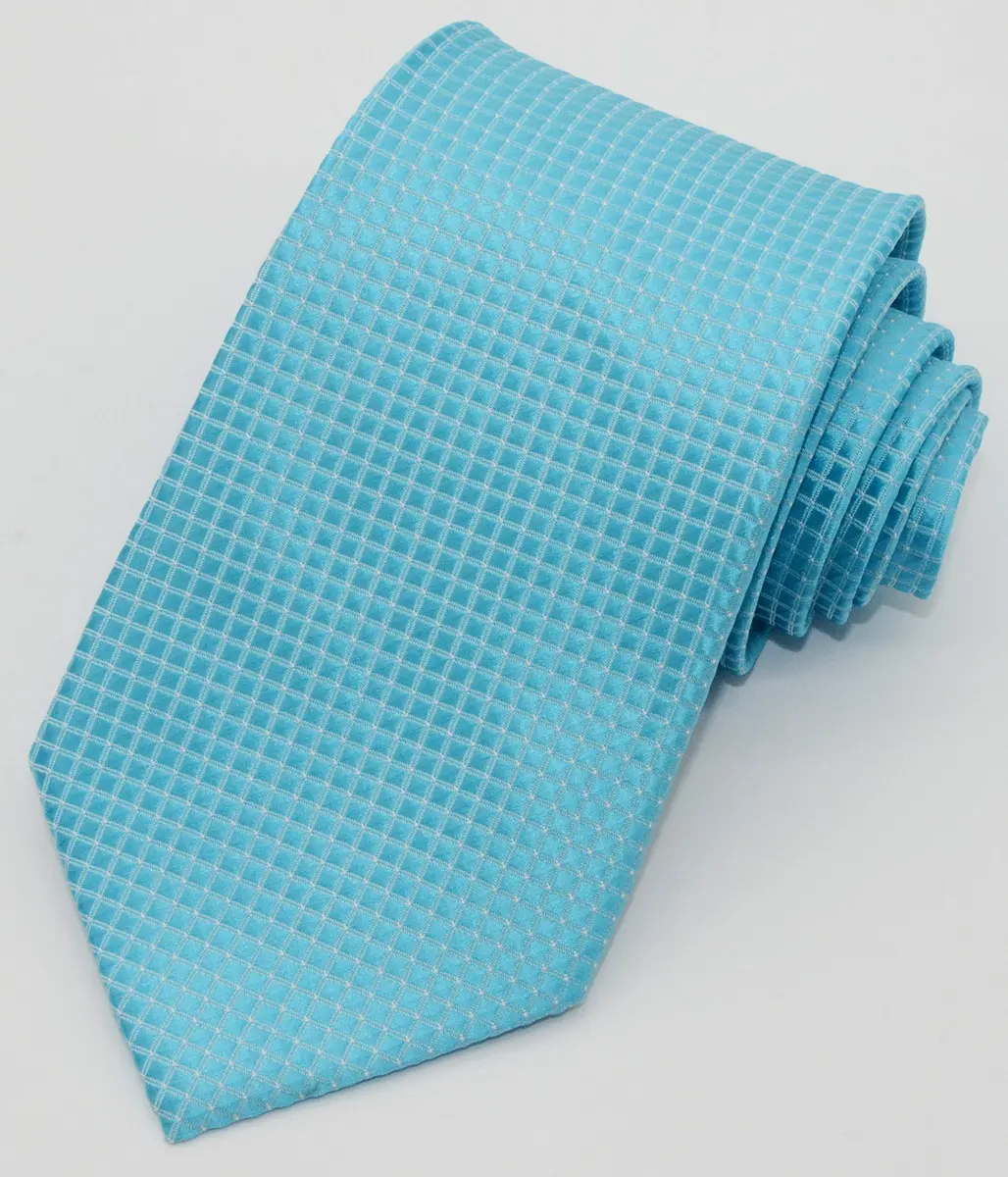 Pisces.goods Classic Plaid Checked Jacquard Woven Men's Tie Necktie (Turquoise) | 59" Length, 3.6" Wide, Silk - view 5