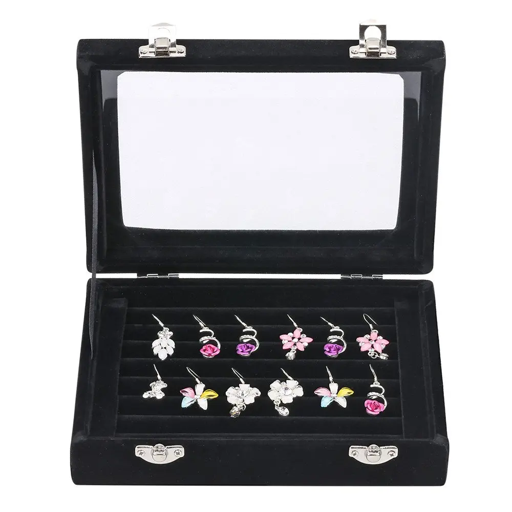 LANTWOO Velvet Glass Jewelry Display Storage Box Ring Earrings Jewelry Box Ring Holder Case, 2 clasps | Elegant jewelry organizer for women - main product image