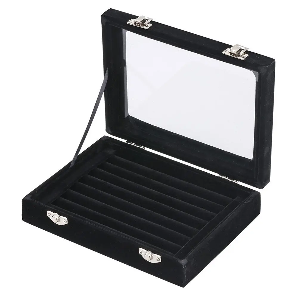 LANTWOO Velvet Glass Jewelry Display Storage Box Ring Earrings Jewelry Box Ring Holder Case, 2 clasps | Elegant jewelry organizer for women - view 2