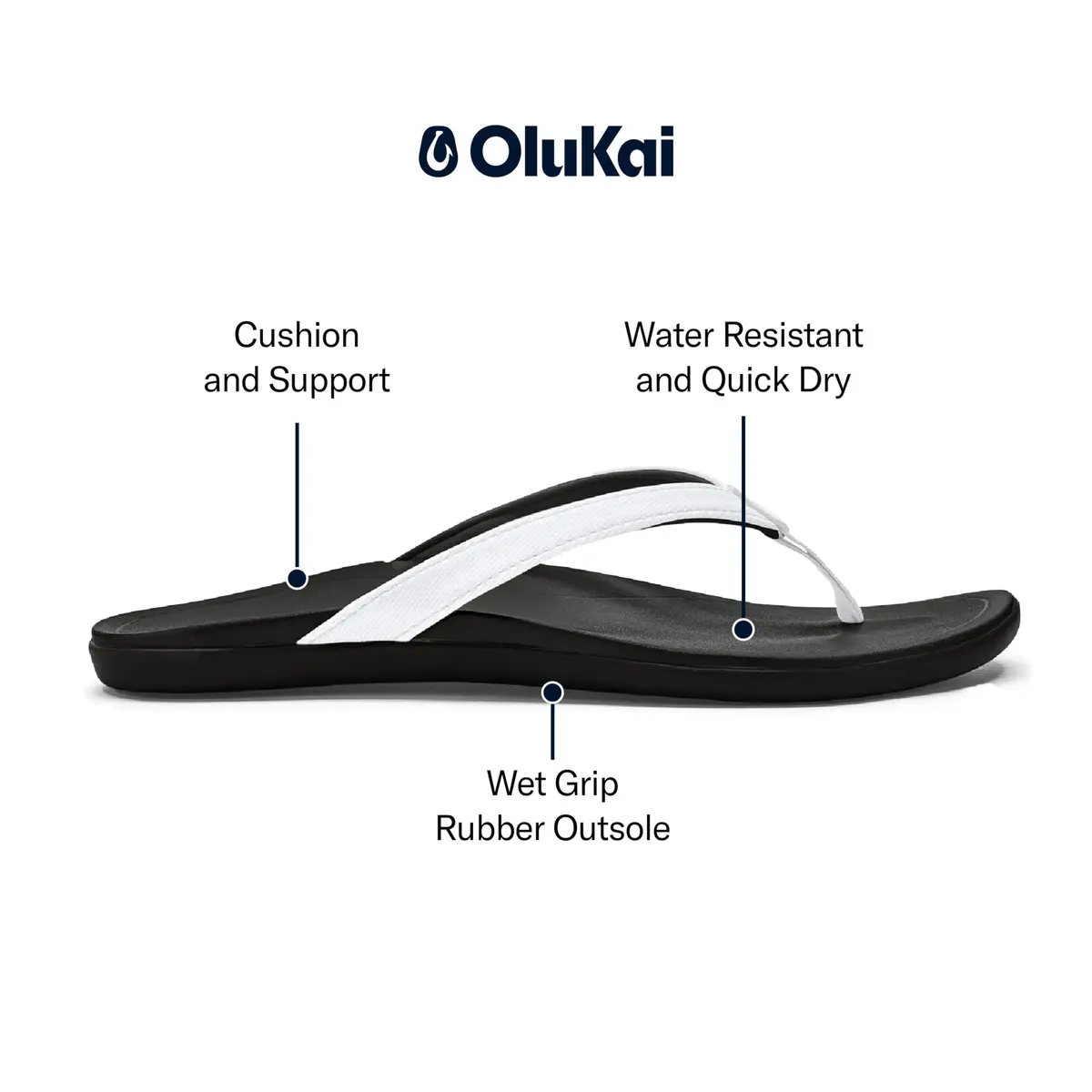 OluKai Ho'opio Women's Beach Sandals Water Resistant & All-Day Comfort | Minimalist Flip-Flops in White/Onyx - view 5