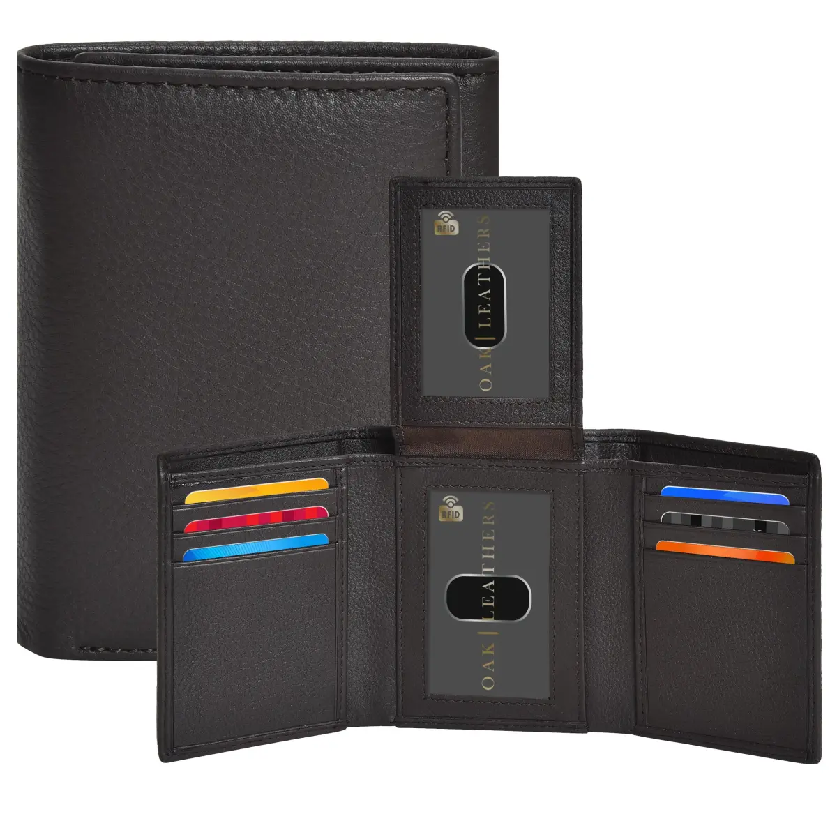 Oak Leathers Trifold Wallet RFID Blocking Slim with ID Window, Dark Brown | Classic Leather Design - main product image