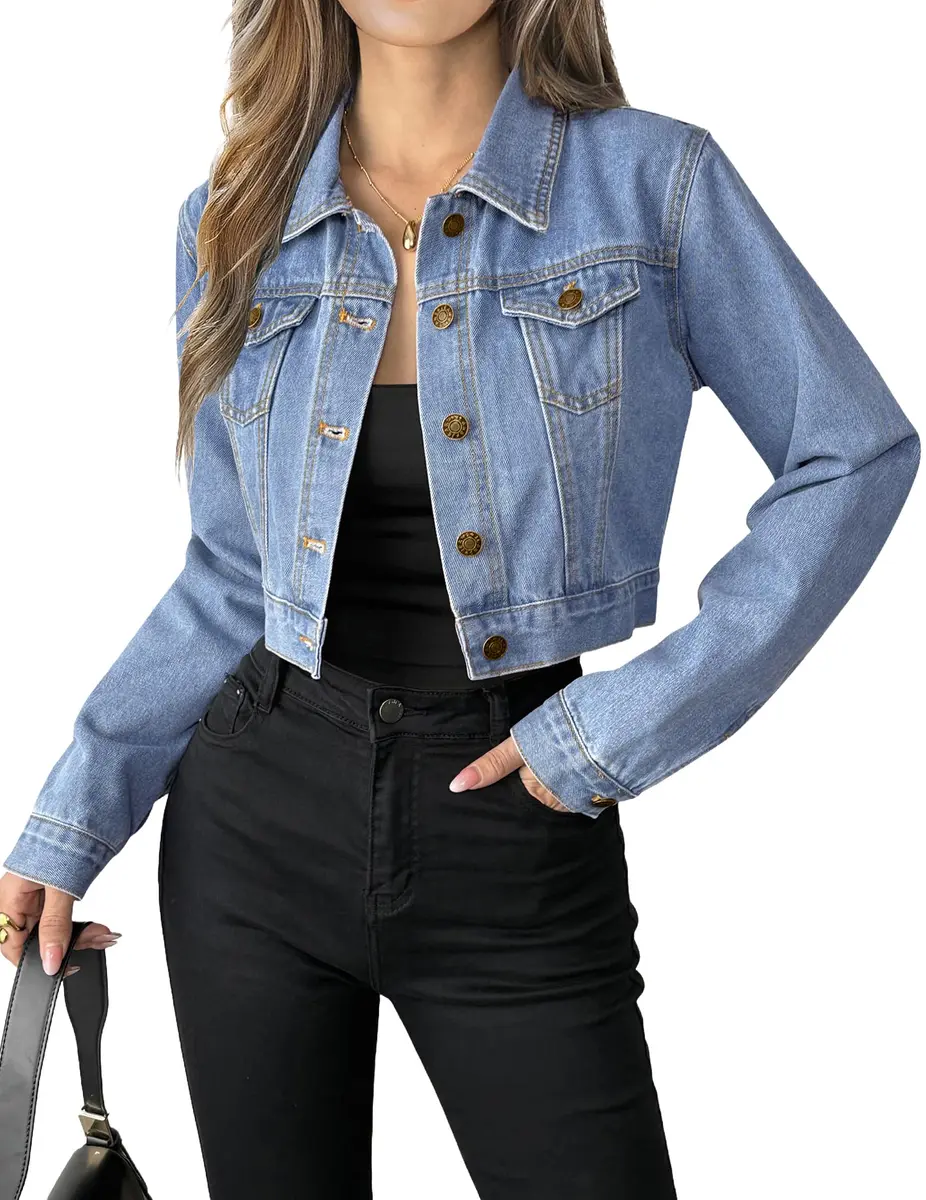 Grabsa Blue Jean Jackets for Women Casual Button Down Long Sleeve Denim Jacket Crop Top Jacket - main product image
