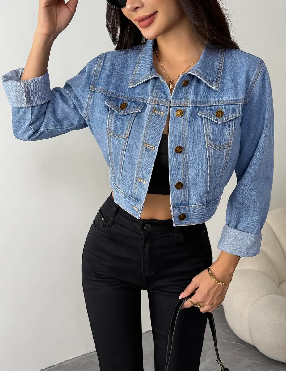 Grabsa Blue Jean Jackets for Women Casual Button Down Long Sleeve Denim Jacket Crop Top Jacket - view 2