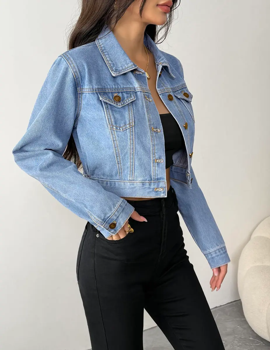 Grabsa Blue Jean Jackets for Women Casual Button Down Long Sleeve Denim Jacket Crop Top Jacket - view 3