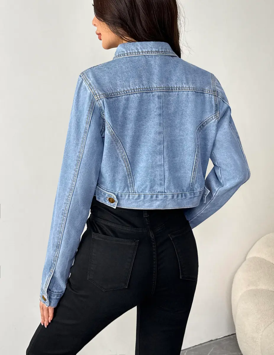 Grabsa Blue Jean Jackets for Women Casual Button Down Long Sleeve Denim Jacket Crop Top Jacket - view 4