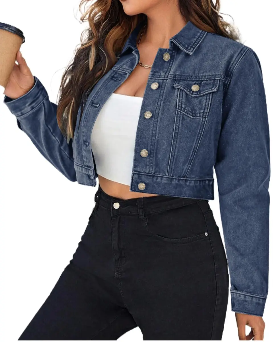 Grabsa Women’s Button Down Long Sleeve Cropped Denim Jean Jacket with Pockets | Classic Casual Style in Cotton (70-120c) - main product image