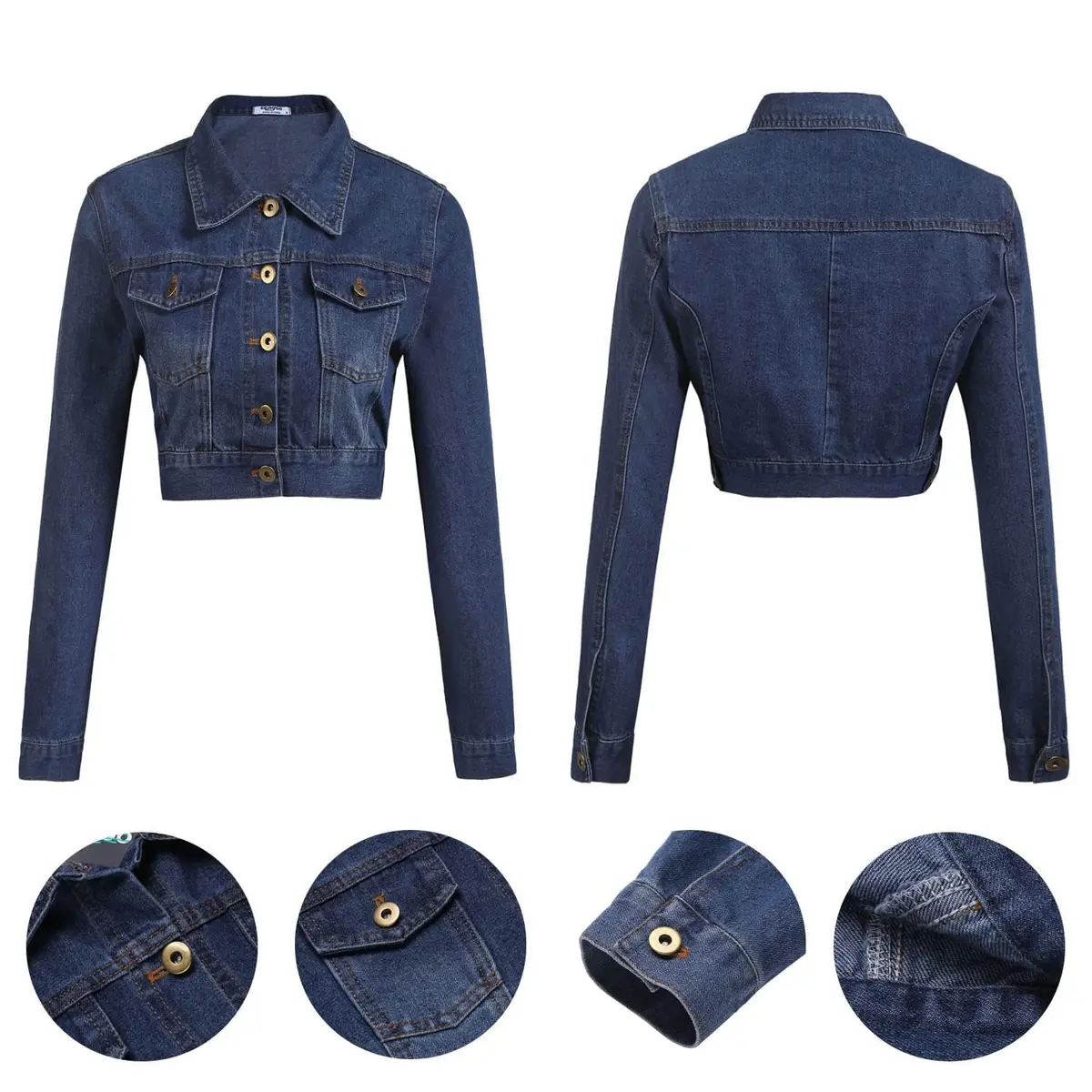 Grabsa Women’s Button Down Long Sleeve Cropped Denim Jean Jacket with Pockets | Classic Casual Style in Cotton (70-120c) - view 6