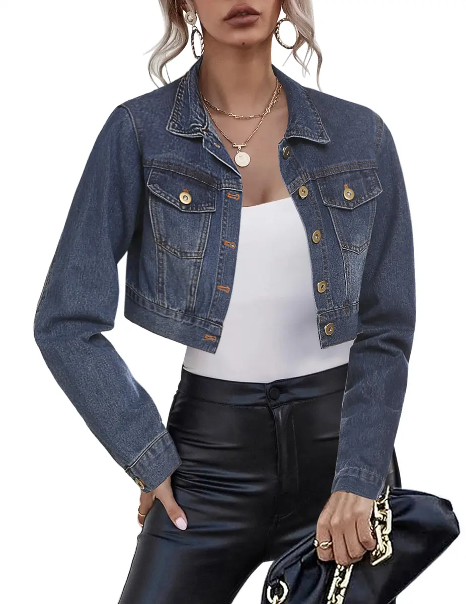 Grabsa Women’s Button Down Long Sleeve Cropped Denim Jean Jacket with Pockets | Classic Casual Style in Cotton (70-120c) - view 2