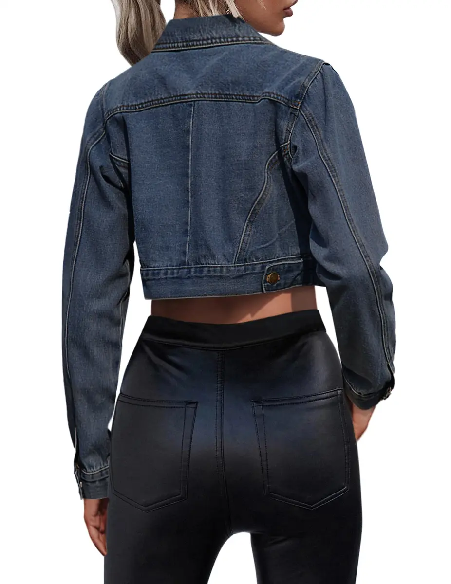 Grabsa Women’s Button Down Long Sleeve Cropped Denim Jean Jacket with Pockets | Classic Casual Style in Cotton (70-120c) - view 3