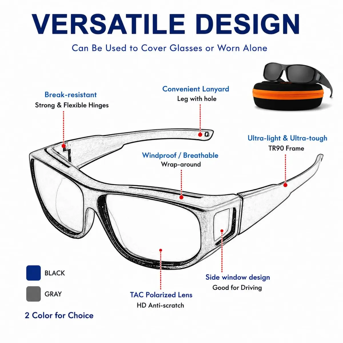 JIANGTUN Fit Over the Glass Sunglasses Size M Black Frame Grey Lens | Polarized UV400 Protection - view 5