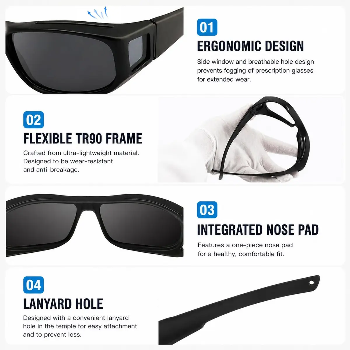 JIANGTUN Fit Over the Glass Sunglasses Size M Black Frame Grey Lens | Polarized UV400 Protection - view 3