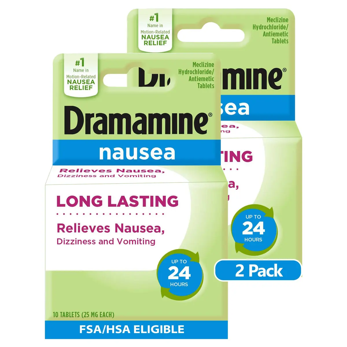 Dramamine Nausea Relief Tablets, Long-Lasting, 20 Tablets (2 x 10 Ct) | Fast Relief for Motion Sickness & Nausea - main product image