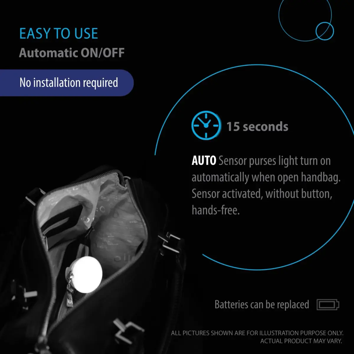 Deke Home Round Motion Sensor LED Handbag Light 2.6cm (1 inch) | Automatic On/Off for Bags - view 8