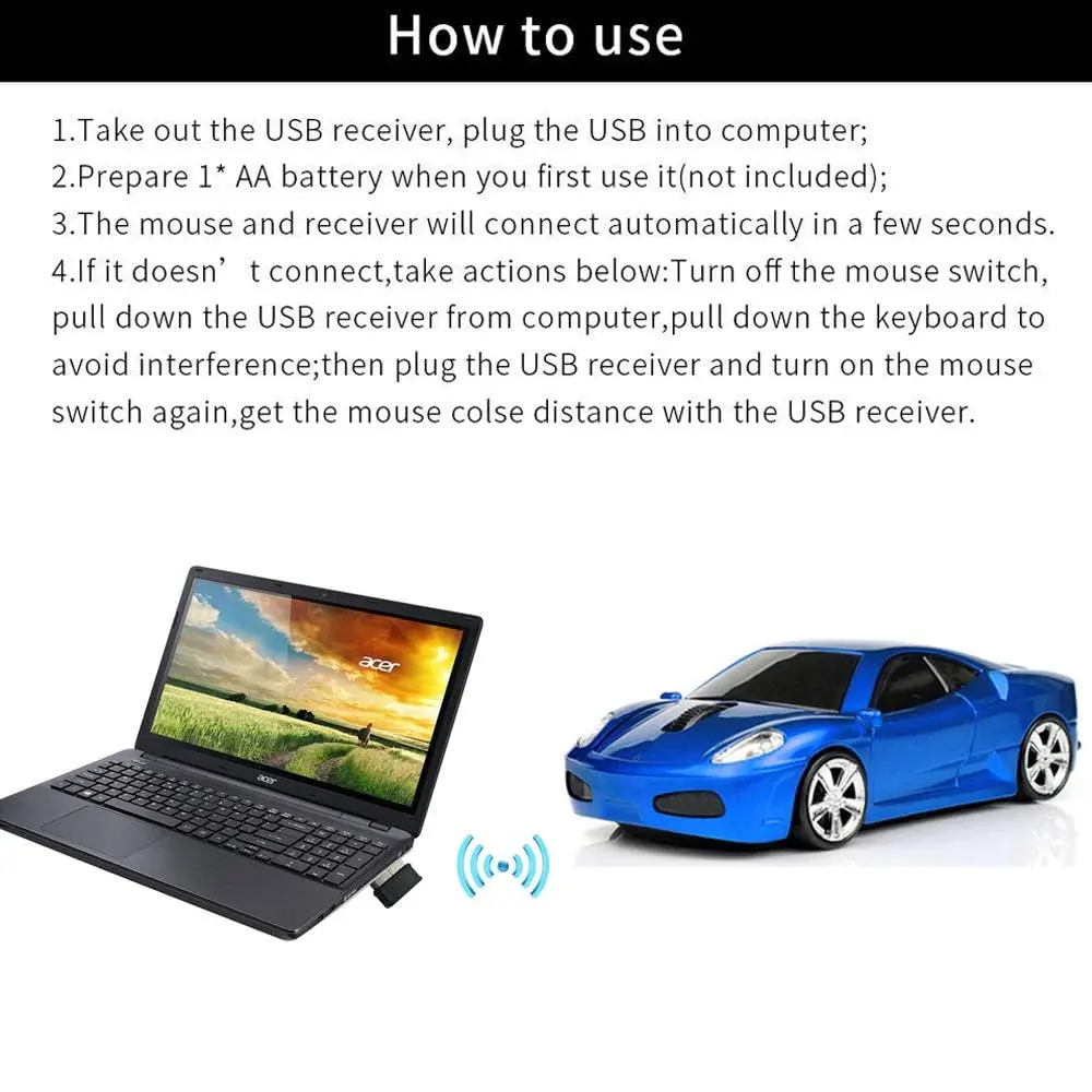 Jinfili Wireless Car Mouse 2.4GHz Optical USB Receiver 10m Range | Blue - view 4