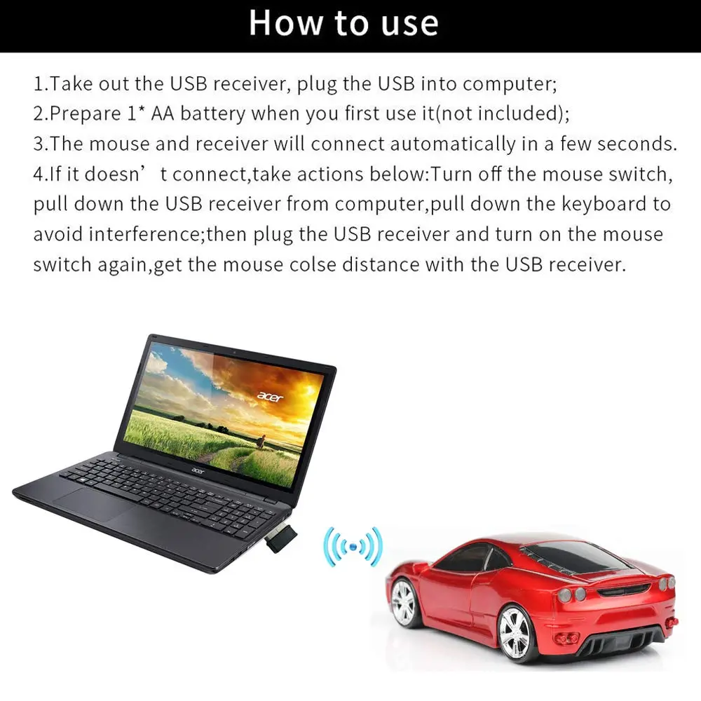 Jinfili Car Shaped Wireless Mouse, 1600 DPI Optical, 2.4GHz USB Receiver | Ergonomic Gaming Mouse for PC & Mac - view 2
