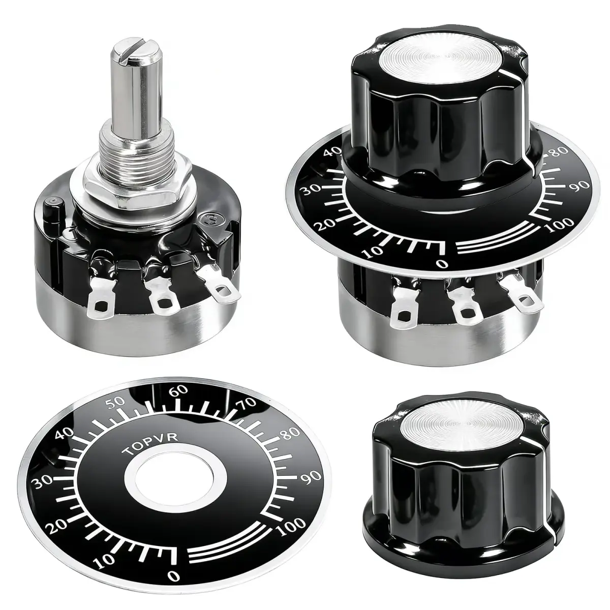 Taiss RV24YN20S Potentiometer 100 ohm Single Turn Carbon Film Rotary Taper Potentiometer with Knobs and Dials | Speed Regulation for Inverters and Motors - main product image