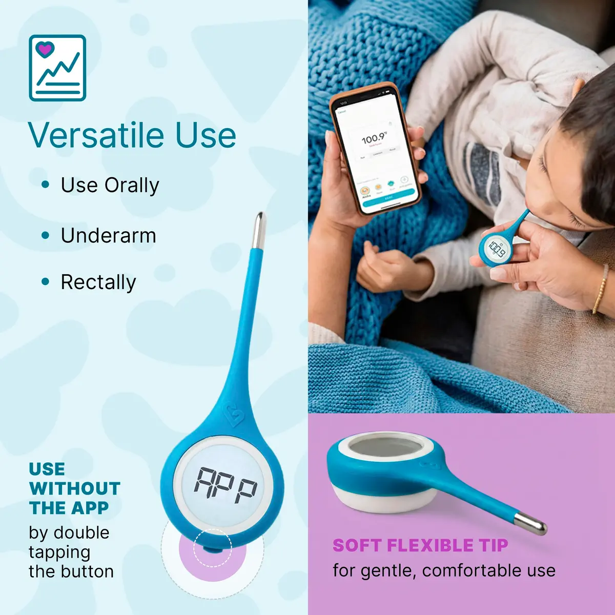Kinsa QuickCare Smart Digital Thermometer with Bluetooth & App | FDA Cleared for Oral, Rectal, Armpit Use | Kinsa Blue - view 3