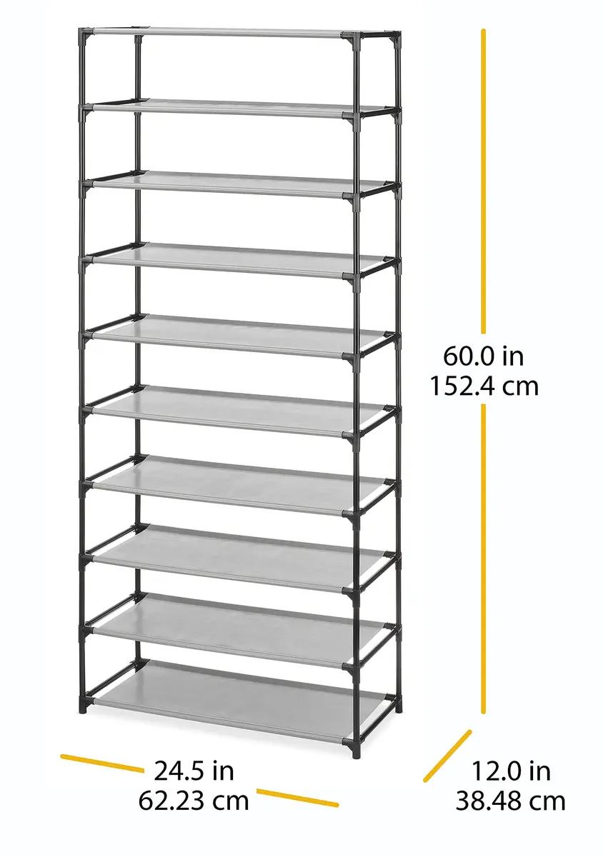 Whitmor Spacemaker 10 Tier Shoe Rack Tower, Tall Metal & Fabric Shoe Shelf Organizer for Entryway, Garage, Holds Shoes, Handbags & Accessories, 12" D×24.5" W×60" H, Grey & Black | Space-saving, versatile storage - view 4