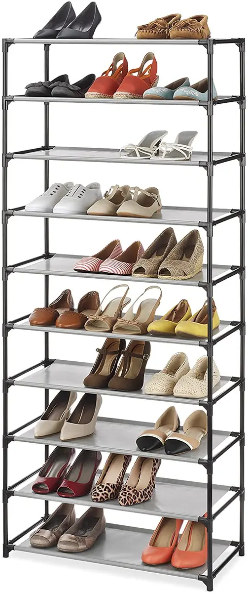 Whitmor Spacemaker 10 Tier Shoe Rack Tower, Tall Metal & Fabric Shoe Shelf Organizer for Entryway, Garage, Holds Shoes, Handbags & Accessories, 12" D×24.5" W×60" H, Grey & Black | Space-saving, versatile storage - main product image