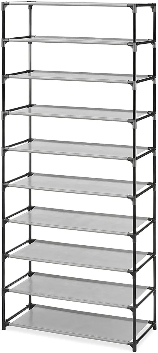Whitmor Spacemaker 10 Tier Shoe Rack Tower, Tall Metal & Fabric Shoe Shelf Organizer for Entryway, Garage, Holds Shoes, Handbags & Accessories, 12" D×24.5" W×60" H, Grey & Black | Space-saving, versatile storage - view 2