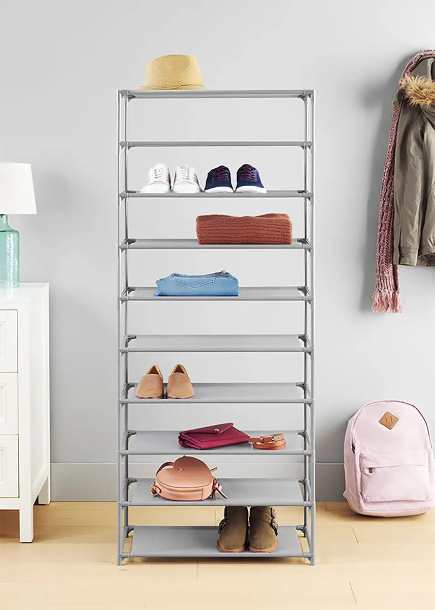 Whitmor Spacemaker 10 Tier Shoe Rack Tower, Tall Metal & Fabric Shoe Shelf Organizer for Entryway, Garage, Holds Shoes, Handbags & Accessories, 12" D×24.5" W×60" H, Grey & Black | Space-saving, versatile storage - view 3