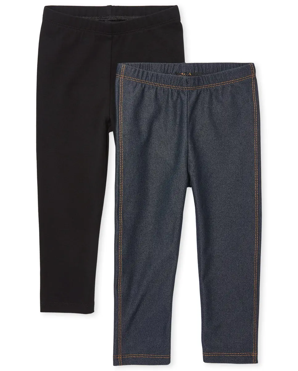 The Children's Place Baby Girls & Toddler Girls Leggings, Black/True Indigo 2 Pack | Slim Fit, Mid Rise, Ankle Length - main product image