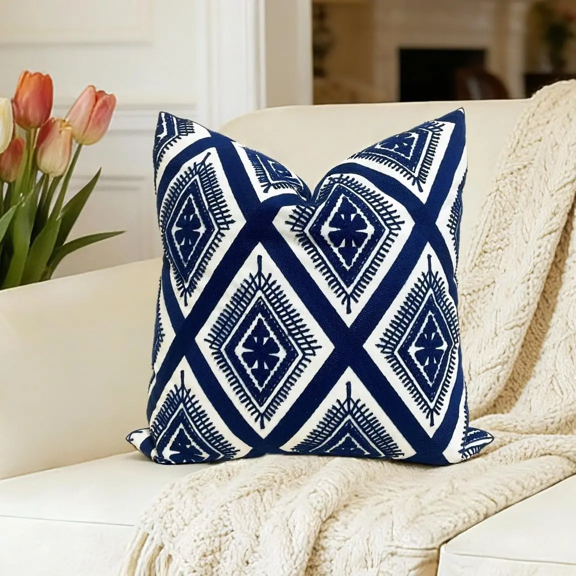 Slow Cow Embroidered Throw Pillow Cover 18 x 18 Inch Navy Blue | Intricate Embroidery for Home Decor - main product image